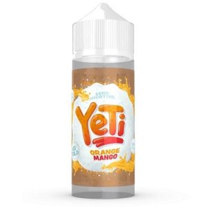 120ml Yeti e-liquid bottle with orange, mango and ice cubes