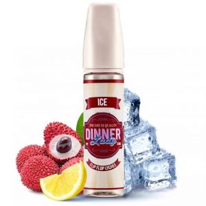 Flip Flop Lychee Ice 60ml e-liquid bottle by Dinner Lady with fruits and Ice cubes