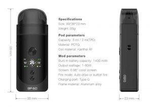 BP60 Vape pod Aspire and its dimensions and specifications