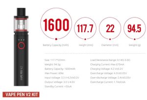 Smoktech Vape Pen 22 V2 dimensions and specifications