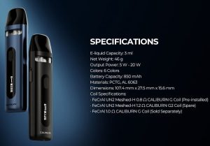 Caliburn X Pod System Specifications